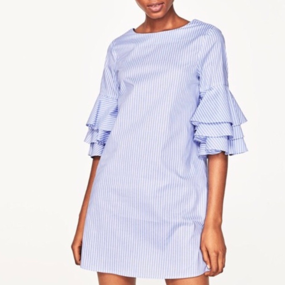 NWOT Zara blue striped ruffled sleeve dress